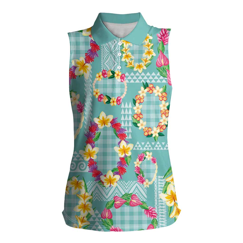 Hawaiian Leis Women Sleeveless Polo Shirt Kakau Tattoos and Palaka Pastel Teal Color LT03 Female Teal - Polynesian Pride