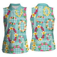 Hawaiian Leis Women Sleeveless Polo Shirt Kakau Tattoos and Palaka Pastel Teal Color LT03 - Polynesian Pride
