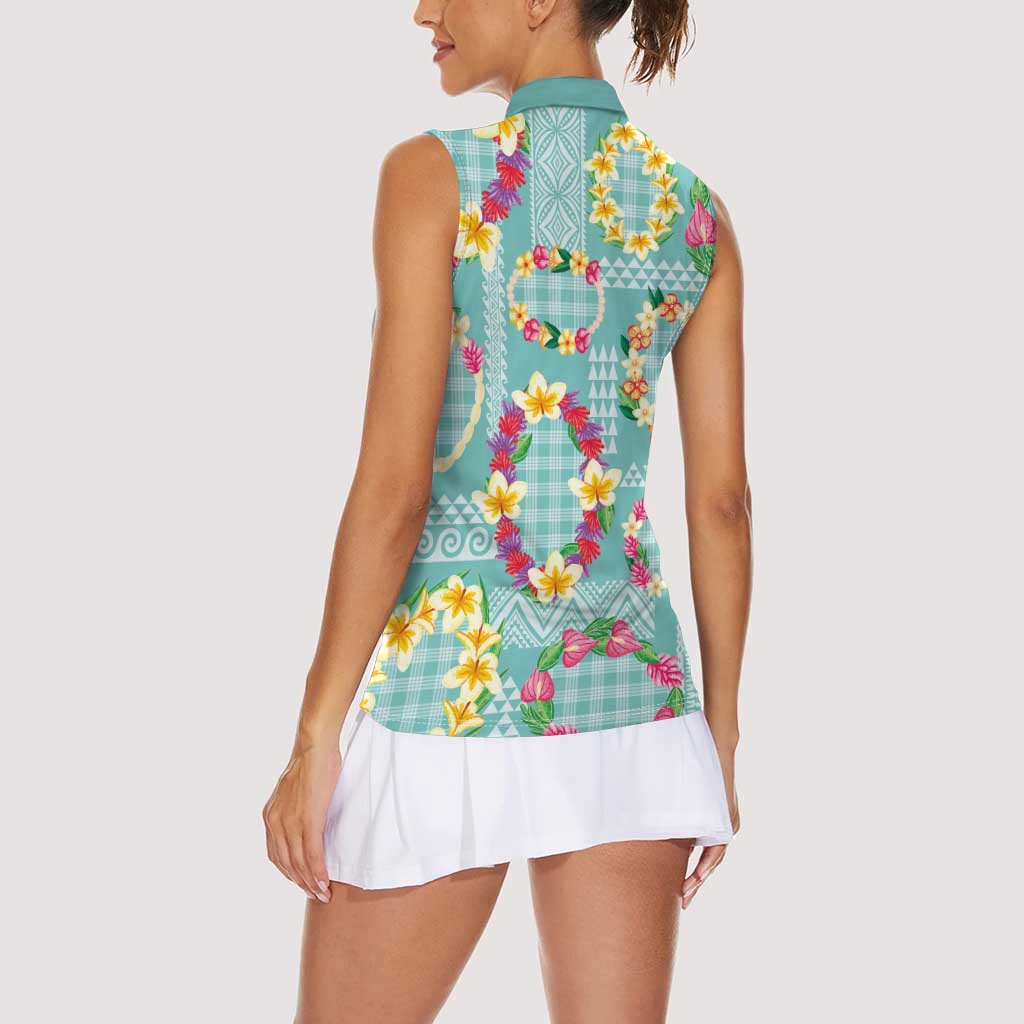 Hawaiian Leis Women Sleeveless Polo Shirt Kakau Tattoos and Palaka Pastel Teal Color LT03 - Polynesian Pride