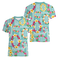 Hawaiian Leis Women V-Neck T-Shirt Kakau Tattoos and Palaka Pastel Teal Color