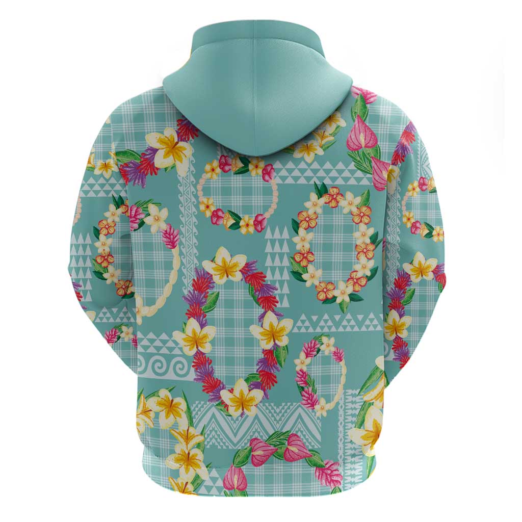 Hawaiian Leis Zip Hoodie Kakau Tattoos and Palaka Pastel Teal Color