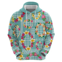 Hawaiian Leis Zip Hoodie Kakau Tattoos and Palaka Pastel Teal Color