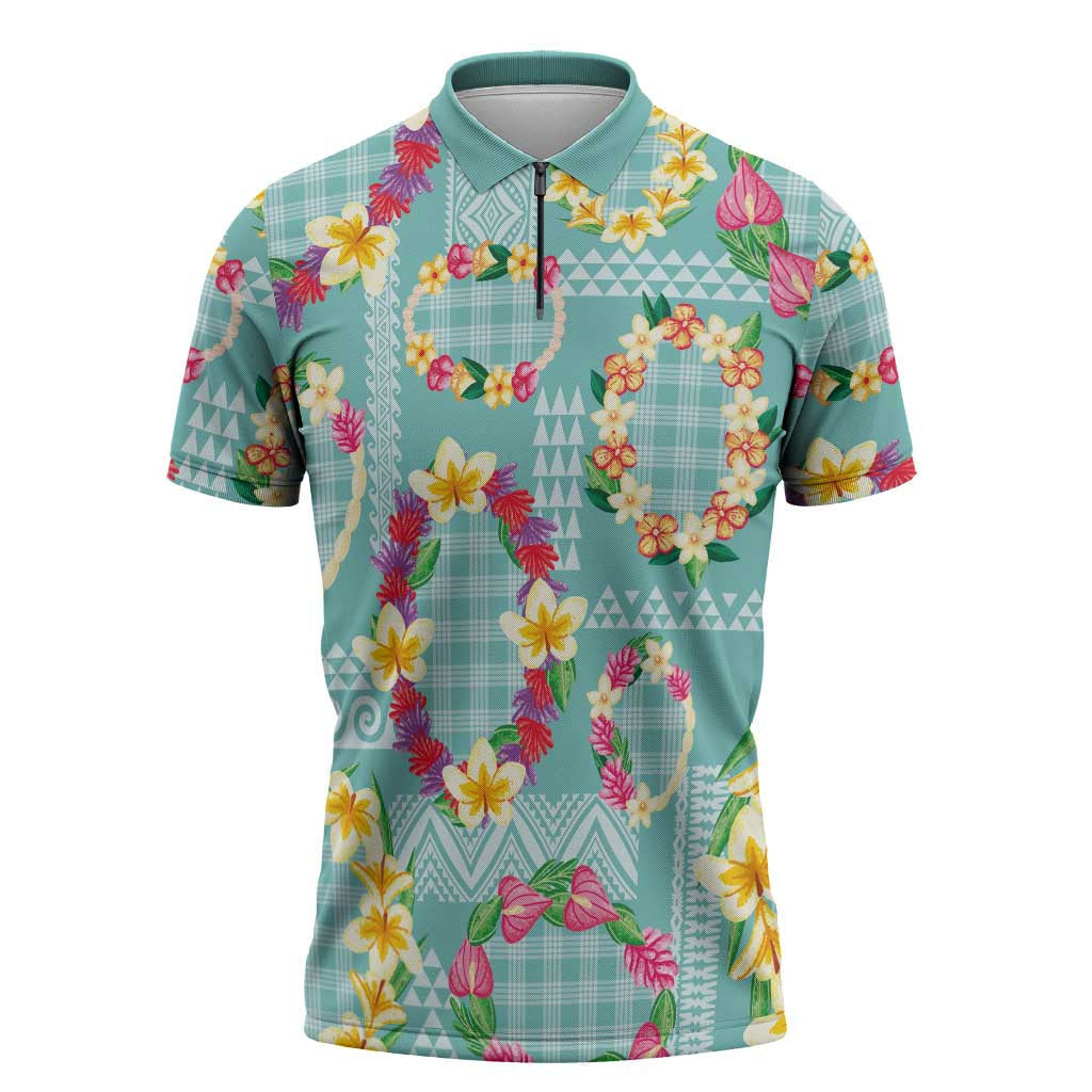 Hawaiian Leis Zipper Polo Shirt Kakau Tattoos and Palaka Pastel Teal Color