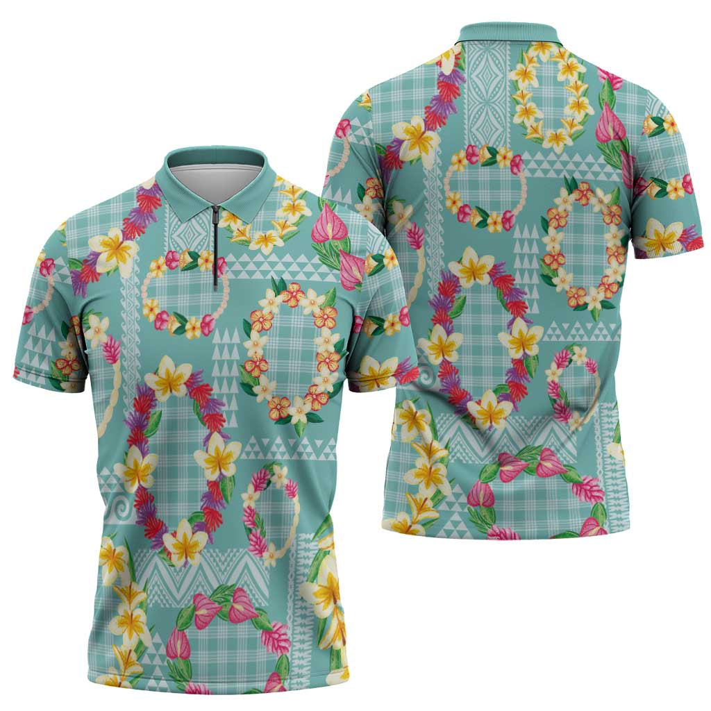 Hawaiian Leis Zipper Polo Shirt Kakau Tattoos and Palaka Pastel Teal Color