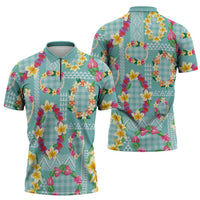 Hawaiian Leis Zipper Polo Shirt Kakau Tattoos and Palaka Pastel Teal Color