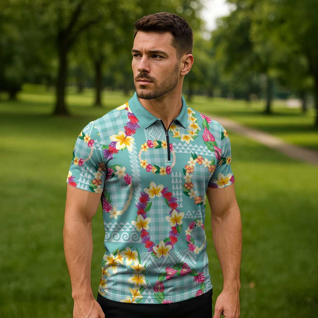 Hawaiian Leis Zipper Polo Shirt Kakau Tattoos and Palaka Pastel Teal Color