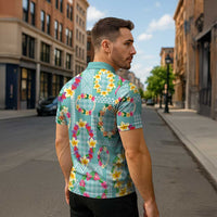 Hawaiian Leis Zipper Polo Shirt Kakau Tattoos and Palaka Pastel Teal Color