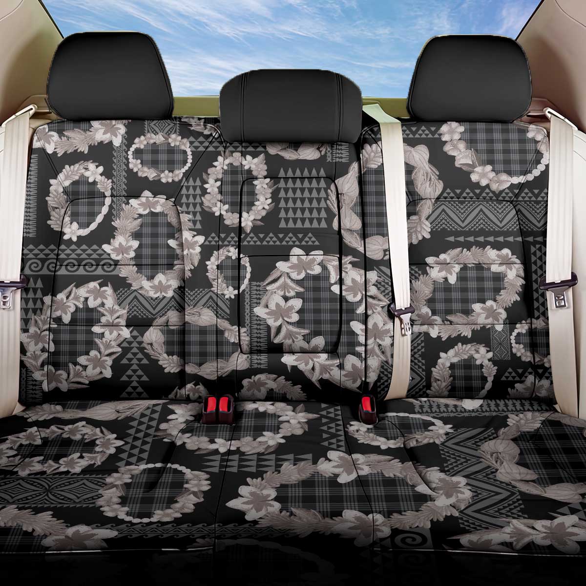 Hawaiian Leis Back Car Seat Cover Kakau Tattoos and Palaka Pastel Grayscale