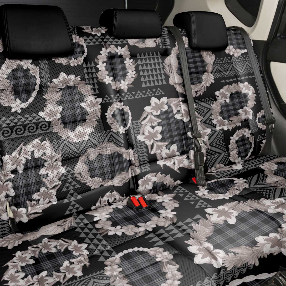 Hawaiian Leis Back Car Seat Cover Kakau Tattoos and Palaka Pastel Grayscale