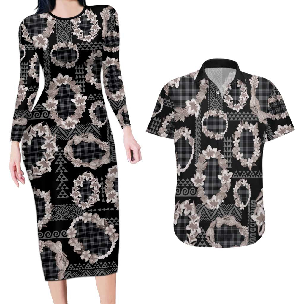 Hawaiian Leis Couples Matching Long Sleeve Bodycon Dress and Hawaiian Shirt Kakau Tattoos and Palaka Pastel Grayscale LT03 Black - Polynesian Pride