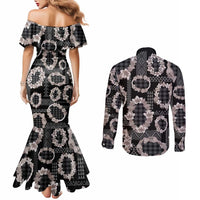 Hawaiian Leis Couples Matching Mermaid Dress and Long Sleeve Button Shirt Kakau Tattoos and Palaka Pastel Grayscale