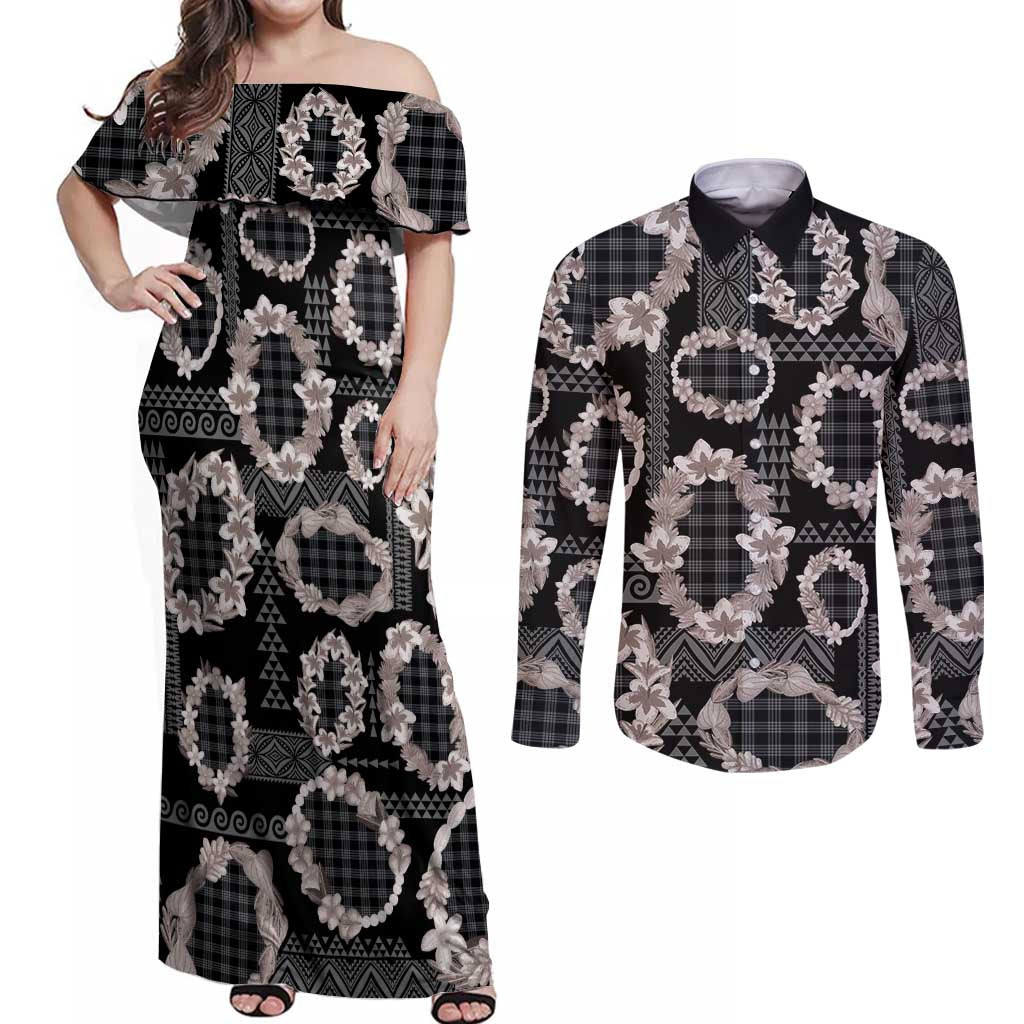 Hawaiian Leis Couples Matching Off Shoulder Maxi Dress and Long Sleeve Button Shirt Kakau Tattoos and Palaka Pastel Grayscale