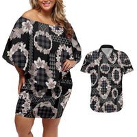Hawaiian Leis Couples Matching Off Shoulder Short Dress and Hawaiian Shirt Kakau Tattoos and Palaka Pastel Grayscale