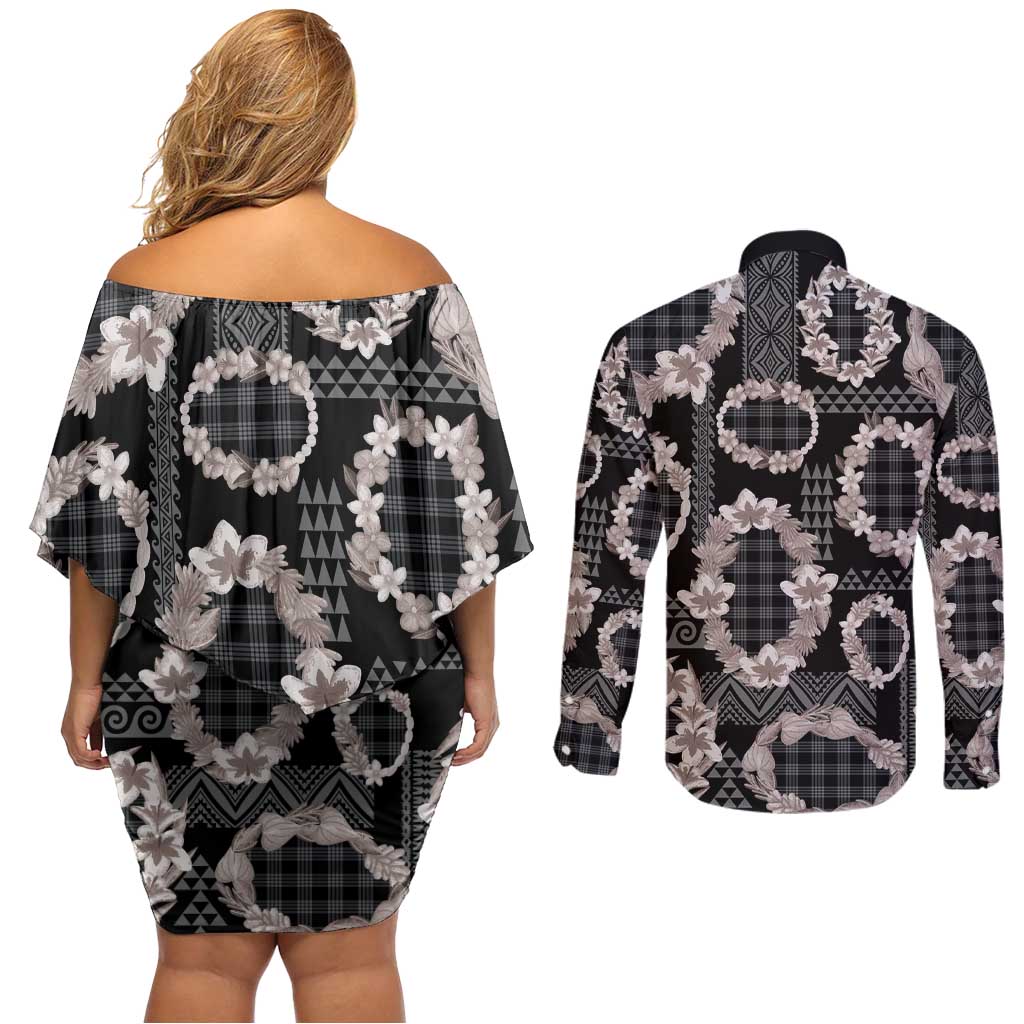 Hawaiian Leis Couples Matching Off Shoulder Short Dress and Long Sleeve Button Shirt Kakau Tattoos and Palaka Pastel Grayscale