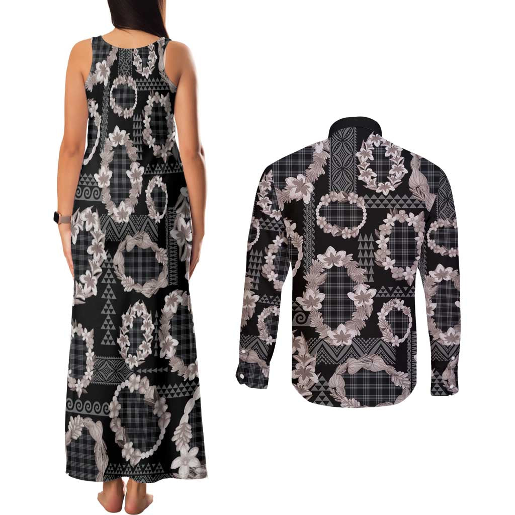 Hawaiian Leis Couples Matching Tank Maxi Dress and Long Sleeve Button Shirt Kakau Tattoos and Palaka Pastel Grayscale
