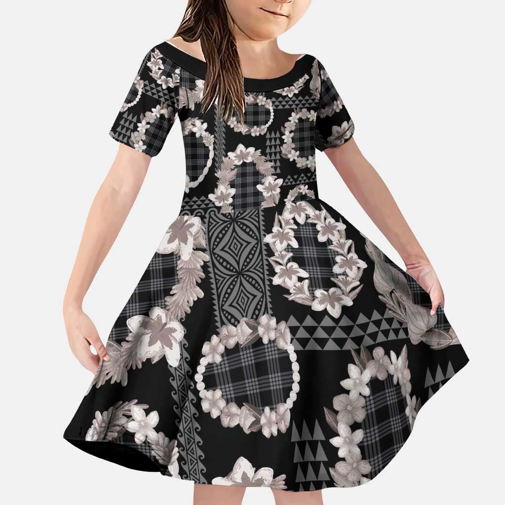Hawaiian Leis Family Matching Mermaid Dress and Hawaiian Shirt Kakau Tattoos and Palaka Pastel Grayscale LT03 Daughter's Dress Black - Polynesian Pride