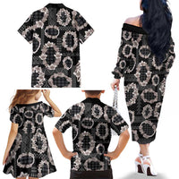 Hawaiian Leis Family Matching Off The Shoulder Long Sleeve Dress and Hawaiian Shirt Kakau Tattoos and Palaka Pastel Grayscale LT03 - Polynesian Pride