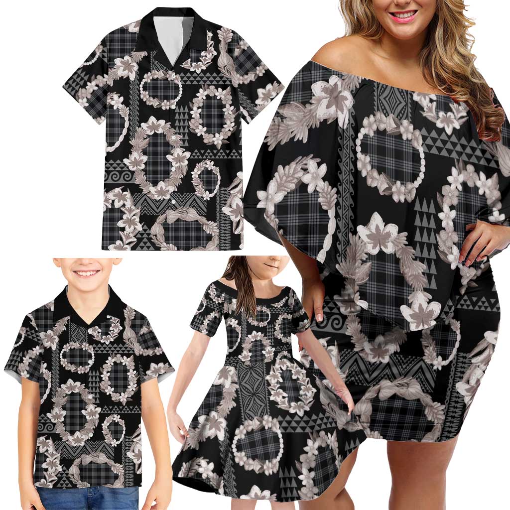 Hawaiian Leis Family Matching Off Shoulder Short Dress and Hawaiian Shirt Kakau Tattoos and Palaka Pastel Grayscale LT03 - Polynesian Pride