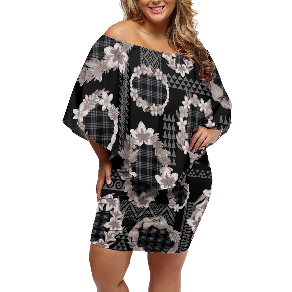 Hawaiian Leis Family Matching Off Shoulder Short Dress and Hawaiian Shirt Kakau Tattoos and Palaka Pastel Grayscale LT03 Mom's Dress Black - Polynesian Pride