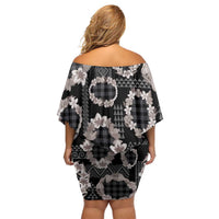 Hawaiian Leis Family Matching Off Shoulder Short Dress and Hawaiian Shirt Kakau Tattoos and Palaka Pastel Grayscale LT03 - Polynesian Pride