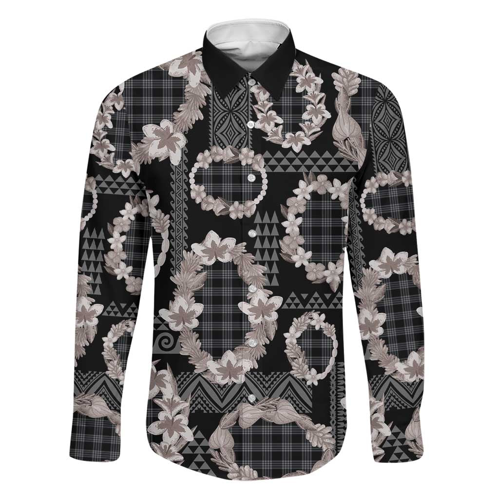 Hawaiian Leis Family Matching Puletasi and Hawaiian Shirt Kakau Tattoos and Palaka Pastel Grayscale LT03 Dad's Shirt - Long Sleeve Black - Polynesian Pride