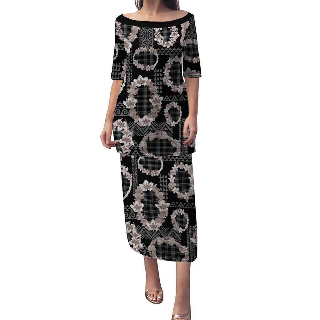 Hawaiian Leis Family Matching Puletasi and Hawaiian Shirt Kakau Tattoos and Palaka Pastel Grayscale LT03 Mom's Dress Black - Polynesian Pride