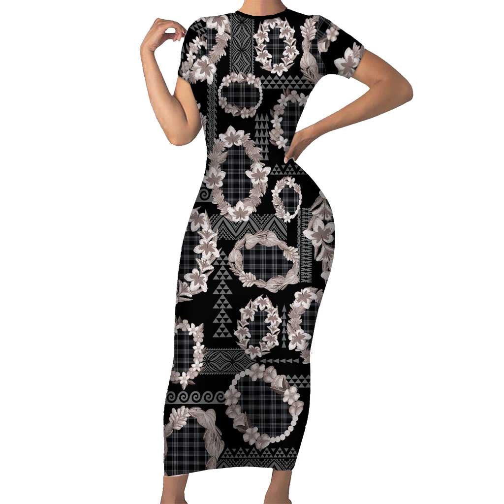Hawaiian Leis Family Matching Short Sleeve Bodycon Dress and Hawaiian Shirt Kakau Tattoos and Palaka Pastel Grayscale LT03 Mom's Dress Black - Polynesian Pride