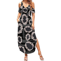 Hawaiian Leis Family Matching Summer Maxi Dress and Hawaiian Shirt Kakau Tattoos and Palaka Pastel Grayscale LT03 Mom's Dress Black - Polynesian Pride