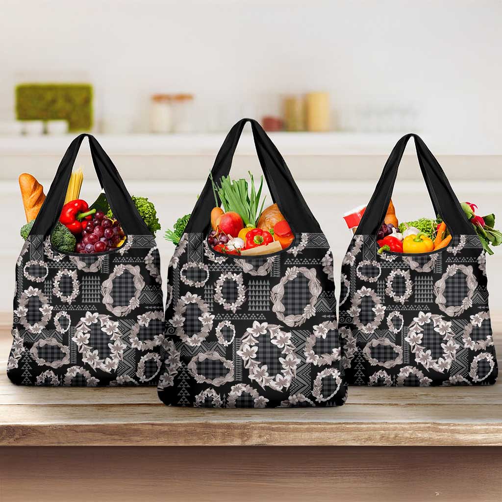 Hawaiian Leis Grocery Bag Kakau Tattoos and Palaka Pastel Grayscale
