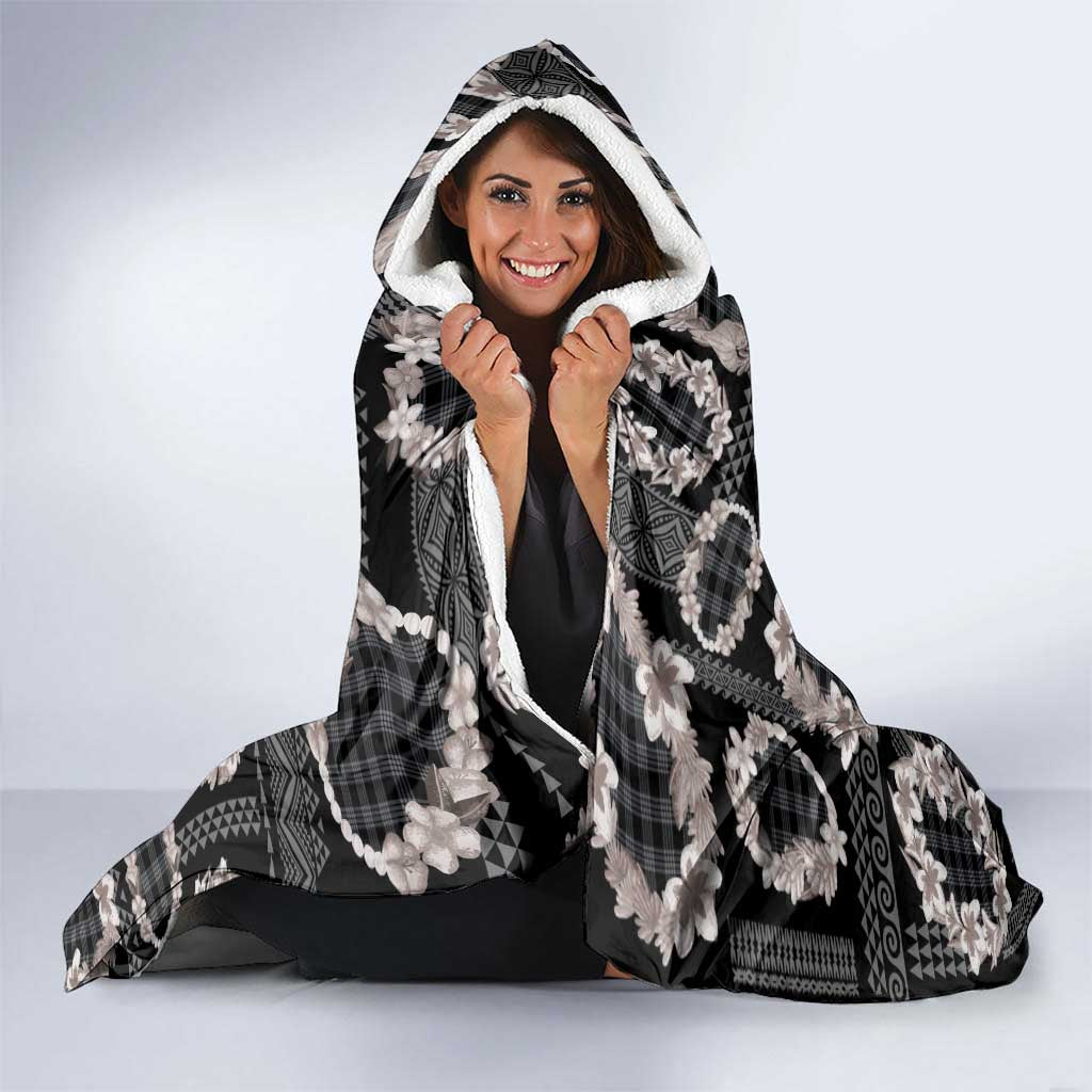 Hawaiian Leis Hooded Blanket Kakau Tattoos and Palaka Pastel Grayscale