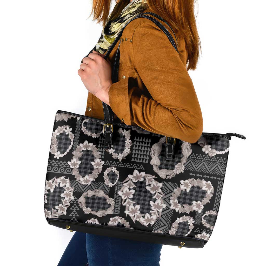 Hawaiian Leis Leather Tote Bag Kakau Tattoos and Palaka Pastel Grayscale