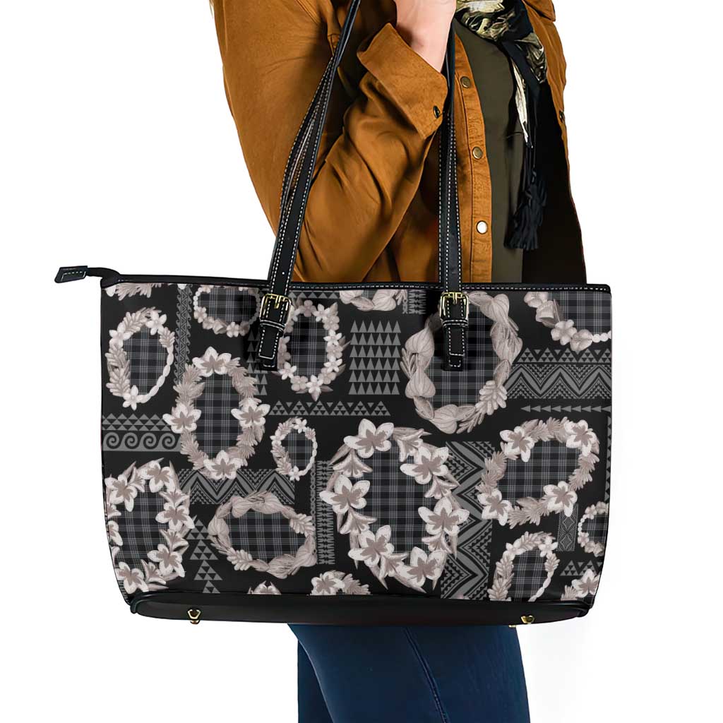 Hawaiian Leis Leather Tote Bag Kakau Tattoos and Palaka Pastel Grayscale