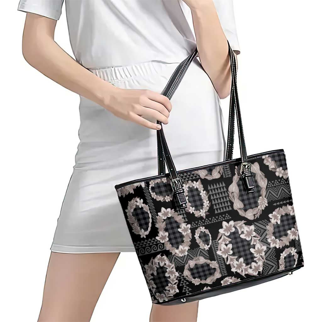 Hawaiian Leis Leather Tote Bag Kakau Tattoos and Palaka Pastel Grayscale
