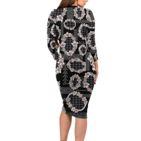 Hawaiian Leis Long Sleeve Bodycon Dress Kakau Tattoos and Palaka Pastel Grayscale