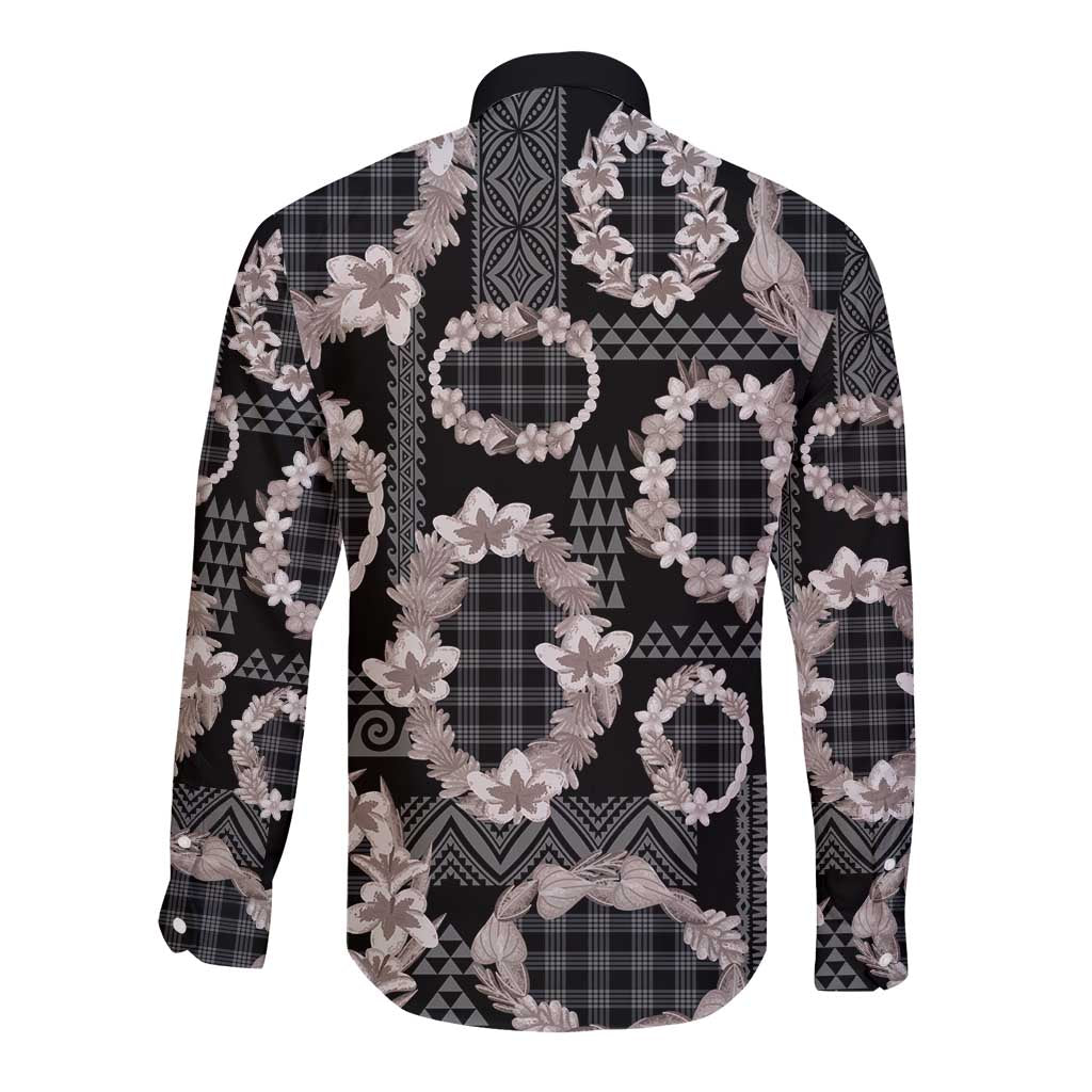 Hawaiian Leis Long Sleeve Button Shirt Kakau Tattoos and Palaka Pastel Grayscale