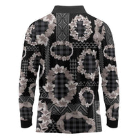 Hawaiian Leis Long Sleeve Polo Shirt Kakau Tattoos and Palaka Pastel Grayscale