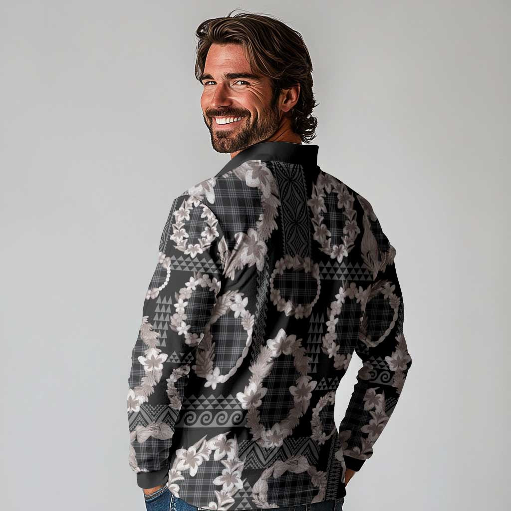Hawaiian Leis Long Sleeve Polo Shirt Kakau Tattoos and Palaka Pastel Grayscale