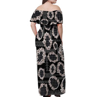 Hawaiian Leis Off Shoulder Maxi Dress Kakau Tattoos and Palaka Pastel Grayscale