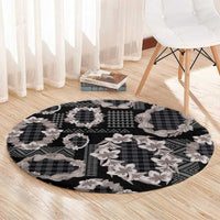 Hawaiian Leis Round Carpet Kakau Tattoos and Palaka Pastel Grayscale