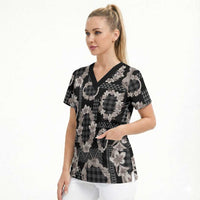 Hawaiian Leis Scrub Top Kakau Tattoos and Palaka Pastel Grayscale