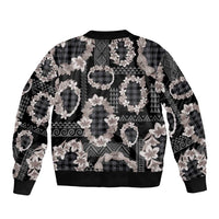 Hawaiian Leis Sleeve Zip Bomber Jacket Kakau Tattoos and Palaka Pastel Grayscale