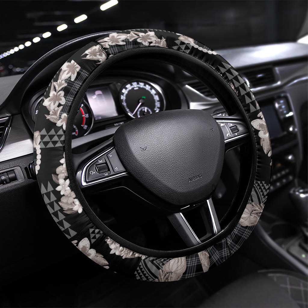 Hawaiian Leis Steering Wheel Cover Kakau Tattoos and Palaka Pastel Grayscale