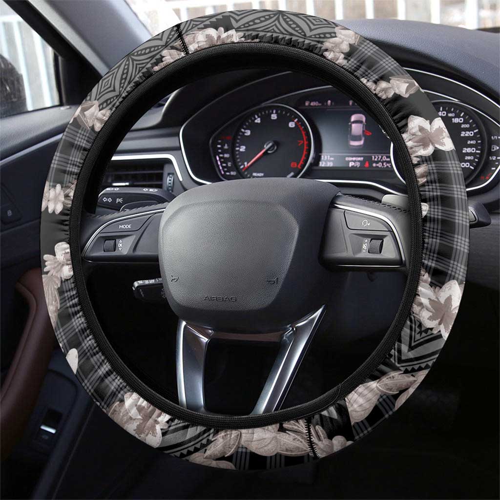 Hawaiian Leis Steering Wheel Cover Kakau Tattoos and Palaka Pastel Grayscale