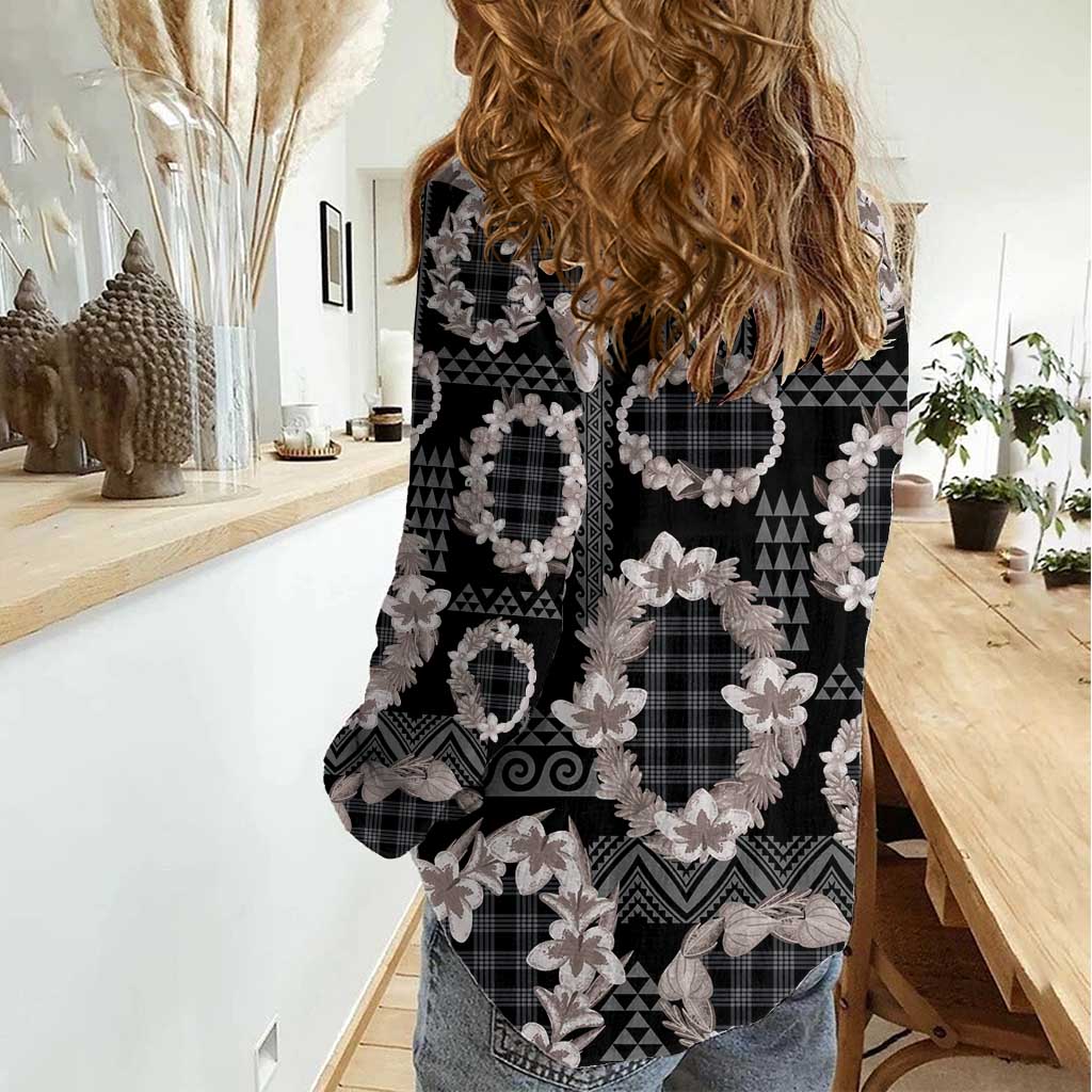 Hawaiian Leis Women Casual Shirt Kakau Tattoos and Palaka Pastel Grayscale