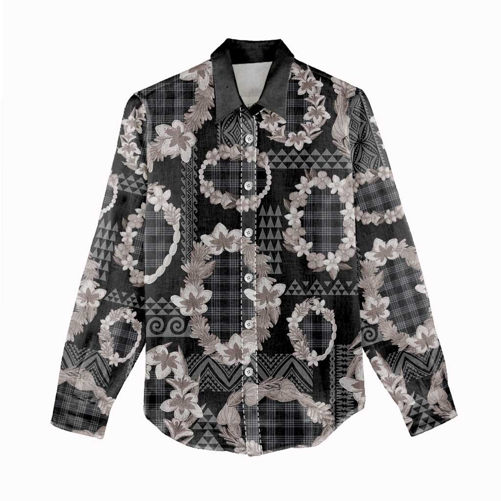 Hawaiian Leis Women Casual Shirt Kakau Tattoos and Palaka Pastel Grayscale