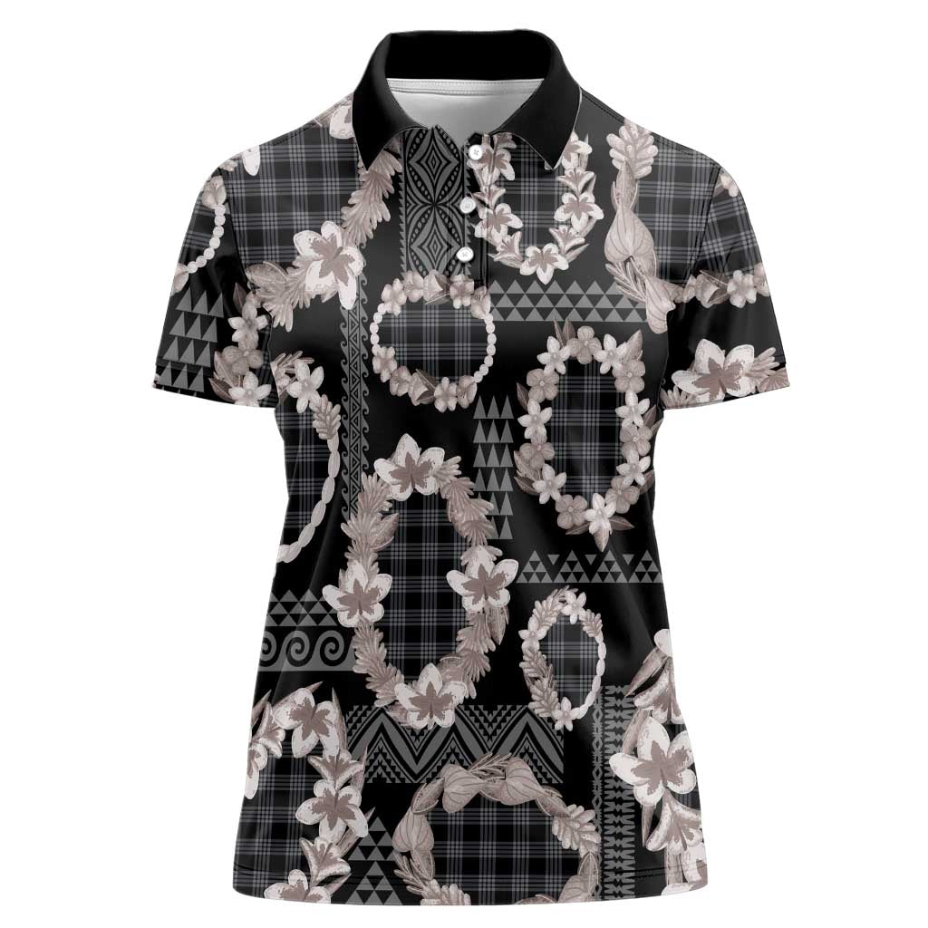 Hawaiian Leis Women Polo Shirt Kakau Tattoos and Palaka Pastel Grayscale