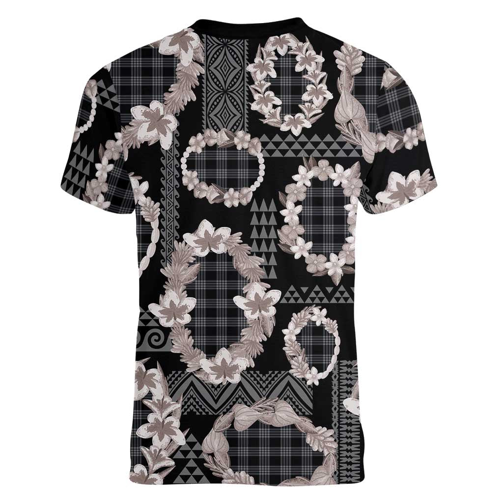Hawaiian Leis Women V-Neck T-Shirt Kakau Tattoos and Palaka Pastel Grayscale