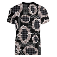 Hawaiian Leis Women V-Neck T-Shirt Kakau Tattoos and Palaka Pastel Grayscale