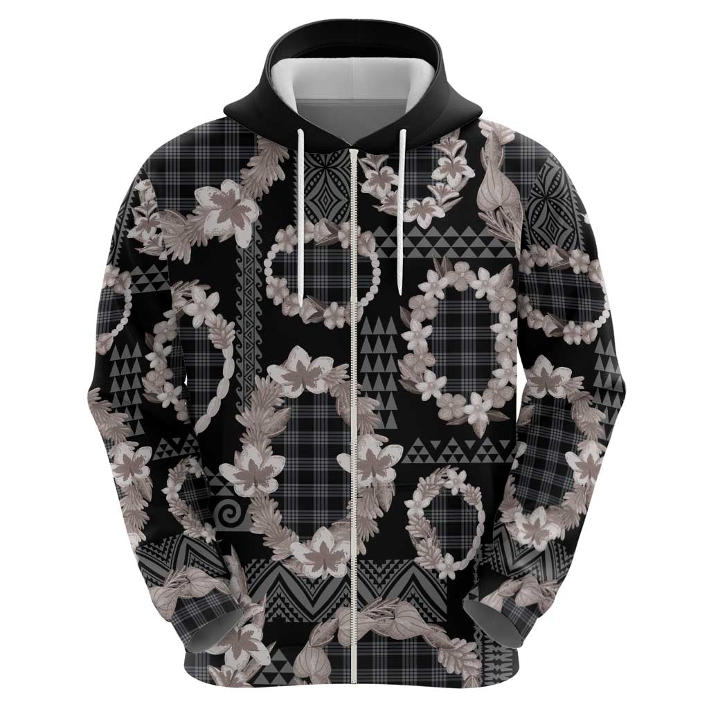 Hawaiian Leis Zip Hoodie Kakau Tattoos and Palaka Pastel Grayscale