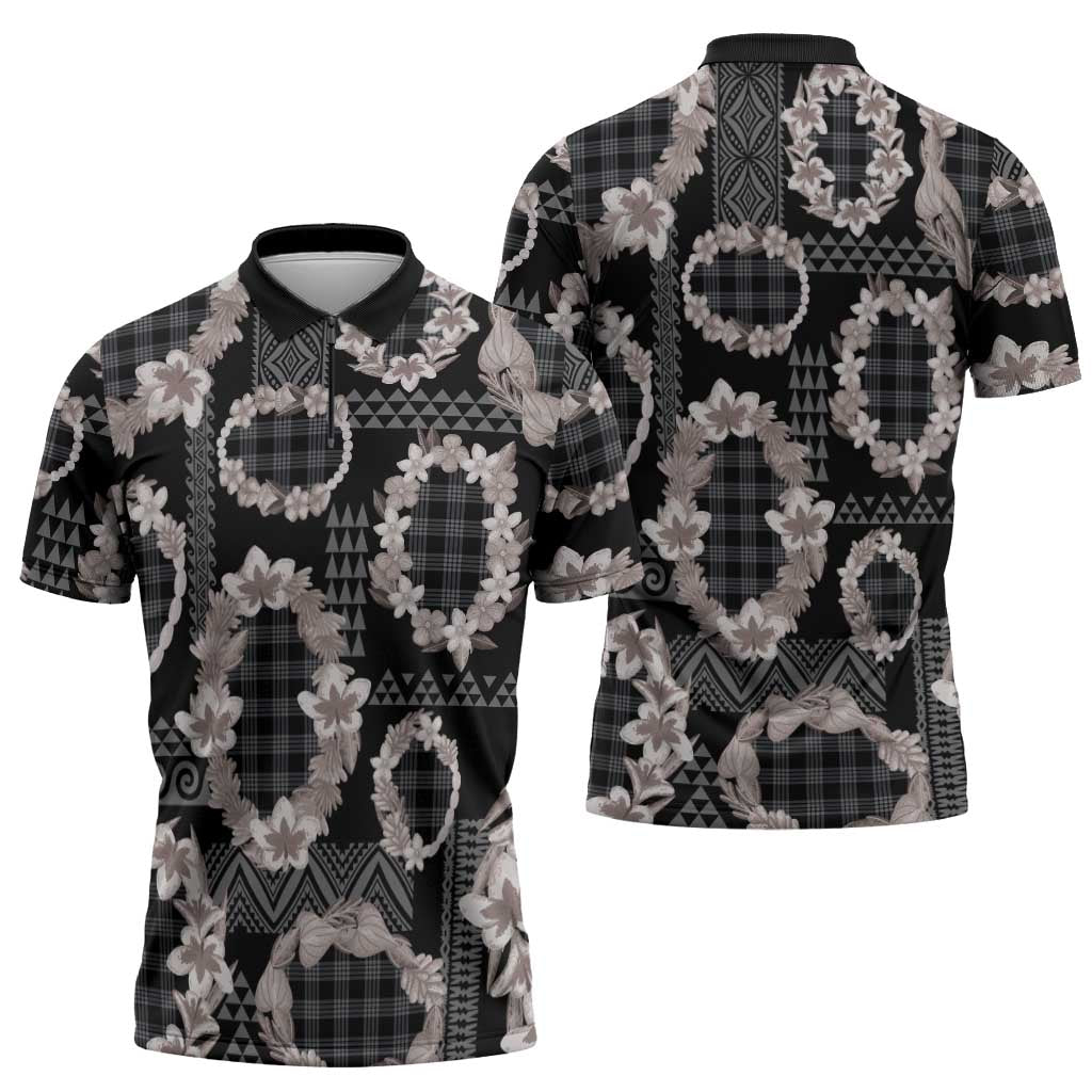 Hawaiian Leis Zipper Polo Shirt Kakau Tattoos and Palaka Pastel Grayscale
